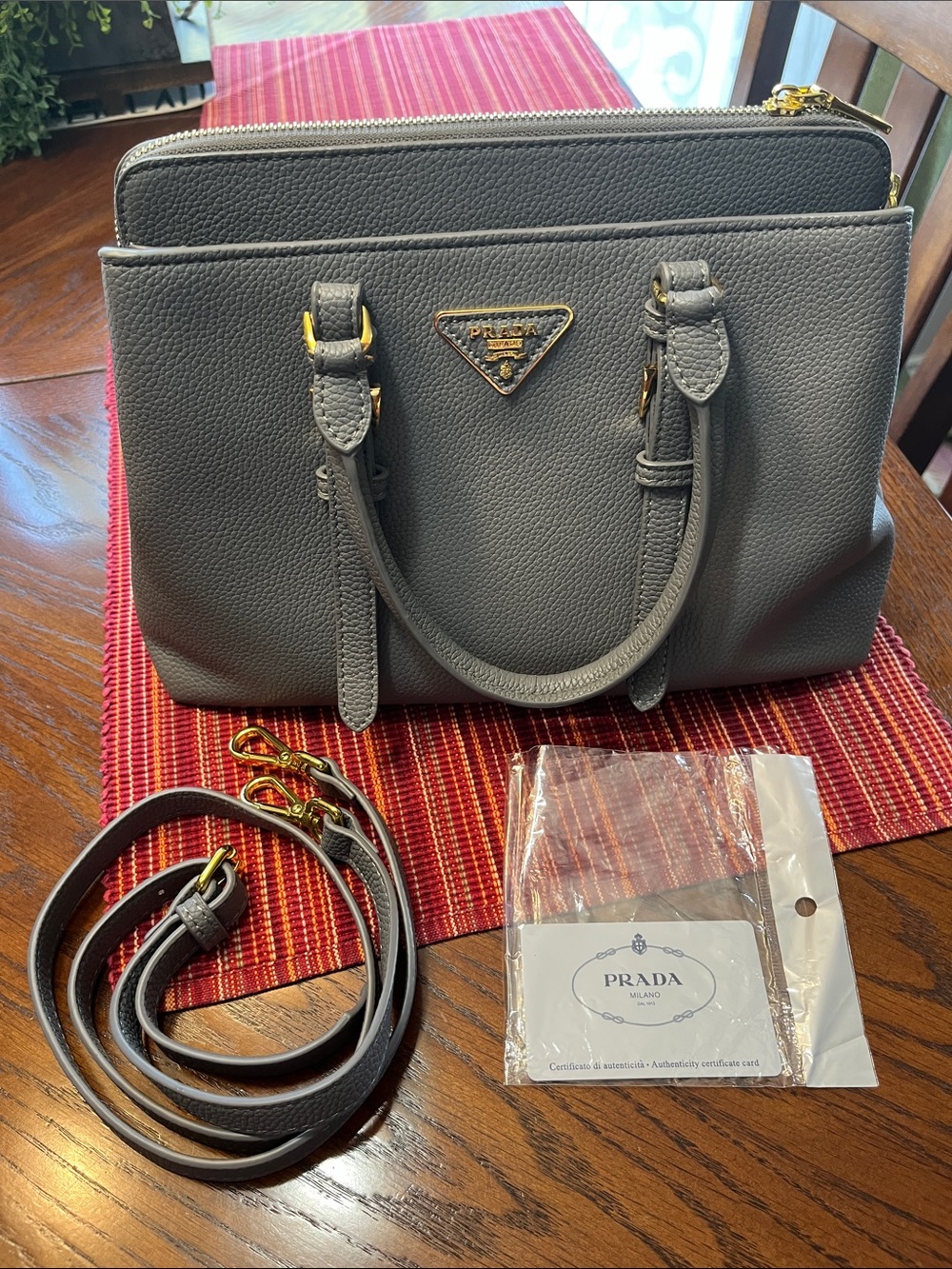 Prada Gray Pebbled Leather Double-Zip Satchel with Gold Hardware